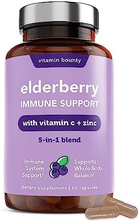 Vitamin Bounty Elderberry Organic Elderberry Capsules (Капсулы) for Adults - Elderberry Vitamin C and Zinc Supplement, & Echinacea, Immune System Support, Advanced 5-in-1 Blend, Non-GMO - 60 Capsules Vitamin Bounty