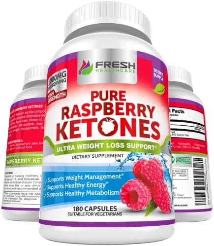 FRESH HEALTHCARE Pure 100% Raspberry Ketones Max 1000mg Per Serving (Порция) - 3 Month Supply Non GMO - Advanced Weight Loss Support - 180 Capsules (Капсулы) FRESH HEALTHCARE