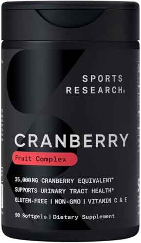 Sports Research Cranberry Fruit Complex Supplement - Softgels (Мягкие капсулы) for Urinary Tract Health Support - Equal to 25,000mg of Cranberries, Made with Pacran & Vitamins C & E - Non-GMO & Gluten Free - 90 Count Sports Research