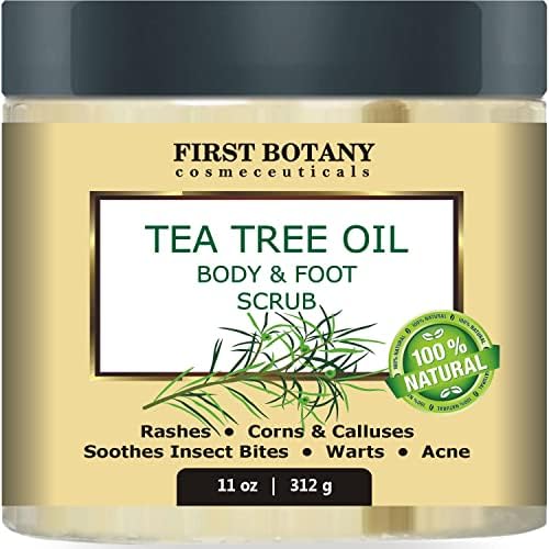 First Botany Cosmeceuticals, 100% Natural Tea Tree Oil Body & Foot Scrub with Salt - Best for Acne, Dandruff and Warts, Helps with Corns, Calluses, Athlete foot, Jock Itch & Body Odor First Botany