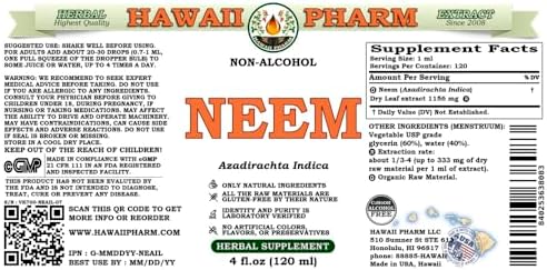 Neem Alcohol-Free Liquid Extract, Organic Neem (Azadirachta Indica) Dried Leaf Glycerite Natural Herbal Supplement, Hawaii Pharm, USA 2 fl.oz Hawaii Pharm