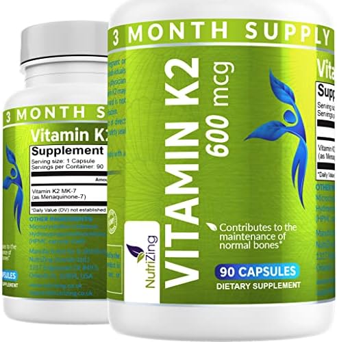 NutriZing K2 Vitamin Supplement MK-7 - High Strength 600mcg - Supports Bone & Arterial Health - 90 Vegan Capsules - Vitamin K2 for Men & Women - 3 Month Supply NutriZing