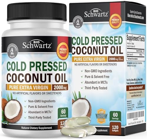 Coconut Oil Capsules (Капсулы) 2000mg - Organic Pure Extra Virgin Unrefined Cold Pressed MCT Rich & Non-GMO for Healthy Skin Nails Hair Growth Support Bloating Anti Aging Digestion - 120ct (2 Month Supply) BioSchwartz