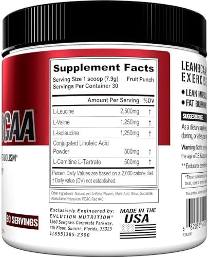 Evlution Stimulant Free Lean BCAA Powder (Порошок) Nutrition BCAAs Amino Acids Powder with CLA Carnitine and 2:1:1 Branched Chain Amino Acids Supports Muscle Recovery Fat Burn and Metabolism - Fruit Punch Evlution