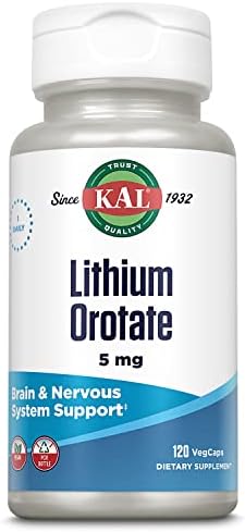 KAL Lithium Orotate 5mg, Low Dose Lithium Supplement for Brain, Nervous System and Mood Support, Chelated and Highly Bioavailable, Vegan, Non-GMO, Organic Rice Extract Blend, 180 Servings (Порции), 180 VegCaps Kal