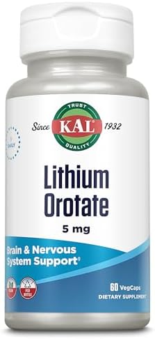 KAL Lithium Orotate 5 milligrams | Low Serving (Порция) Of Chelated Lithium Orotate For Bioavailability and Mood Support | In Organic Rice Bran Extract Base | 120 VegCaps KAL