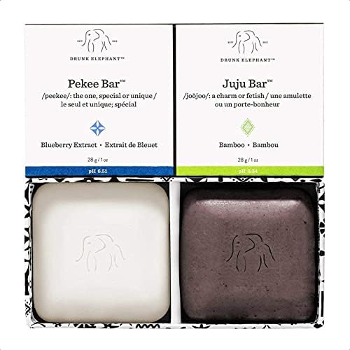 Drunk Elephant Baby Juju and Baby Pekee Bar Soap Travel Case. Exfoliating Face Wash and Moisturizing Bar Cleansers. 1 Ounce Each. Travel Duo. Drunk Elephant