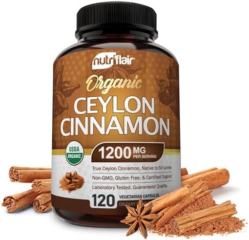 NutriFlair Organic Ceylon Cinnamon Supplement 1200mg, 120 Capsules (Капсулы) - USDA Certified Organic Cinnamon - Non-GMO, Gluten Free Cinnamon Powder (Порошок), Antioxidant Cinnamon Pills NutriFlair