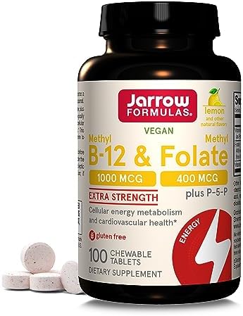 Jarrow Formulas Extra Strength Methyl B-12 1000 mcg & Methyl Folate 400 mcg + P-5-P, Dietary Supplement for Cellular Energy Metabolism and Cardiovascular Support, 100 Chewable Tablets (Жевательные таблетки), 100 Day Supply Jarrow Formulas