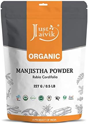 Just Jaivik 100% Organic Manjistha Powder - Certified Organic by OneCert Asia, 227 gms / 1/2 LB Pound / 08 Oz - Rubia cordifolia - Promoting healthy and clear skin (AN USDA Organic Certified Herb) Just Jaivik