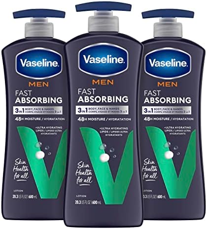 Vaseline Men's Healing Moisture Hand & Body Lotion For Dry or Cracked Skin Fast Absorbing Non-Greasy Lotion for Men 20.3 oz, Pack of 3 Vaseline