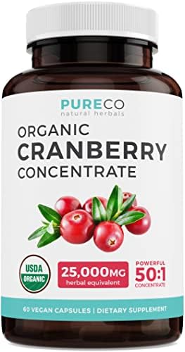 Organic Cranberry Pills - 50:1 Concentrate Equals 25,000mg of Fresh Cranberries (Vegan) for Urinary Tract Health & Kidney Cleanse - Cranberry Pills for Women - UTI Support Supplement - 60 Capsules (Капсулы) PURE CO