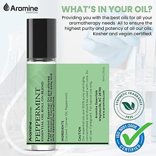 Peppermint Essential Oil Roll On, Pre-Diluted 10ml (Pack of 2). Premium Quality, Therapeutic Grade Topical Ready Aromatherapy Oil Aromine