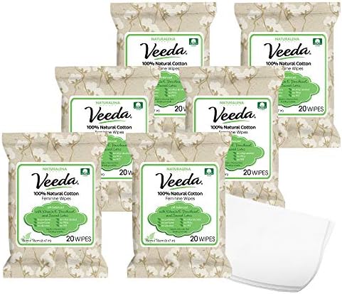 Veeda 100% Natural Cotton Feminine Wipes - Unscented Wet Wipes for Women - Safe Cleansing Cloths for Sensitive Skin - pH balanced & Hypoallergenic - 120 Count Veeda