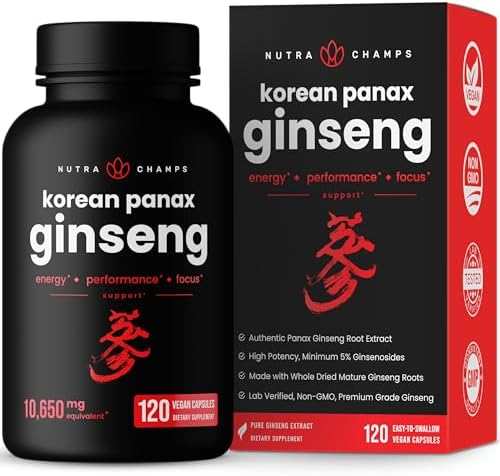 NutraChamps Korean Red Panax Ginseng Capsules (Капсулы) | Extra Strength Ginsenosides for Energy, Focus, Performance, Vitality & Immune Support | Korean Red Ginseng Root Extract Powder (Порошок) Supplement | Vegan Pills NutraChamps