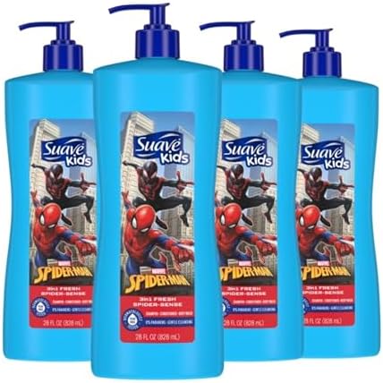 Suave Kids 3 in 1 Shampoo Conditioner Body Wash For Tear-Free Bath Time, Fresh Spider-Sense, Dermatologist-Tested Kids Shampoo 3 in 1 Formula 28 oz, Pack of 4 Suave