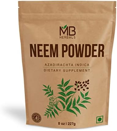 MB Herbals Pure Neem Powder 8 oz | 227 Gram / 0.5 LB Pure Wild-Crafted Neem Leaf Powder | Very Bitter Neem Supplement for Skin Hair & Detox | Azadirachta Indica - Packaging May Vary MB Herbals