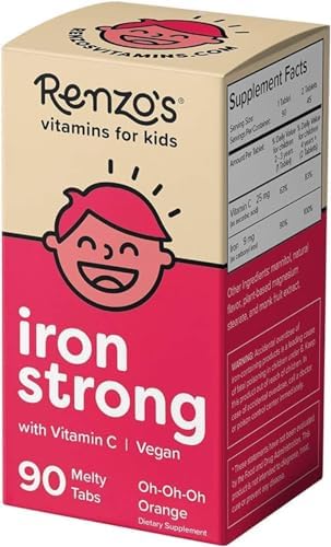 Renzo's Iron Supplements for Kids - Dissolvable Vegan Iron Supplement with Vitamin C - Sugar Free, Oh-Oh-Oh Orange Flavor, 90 Melty Tabs Renzo's