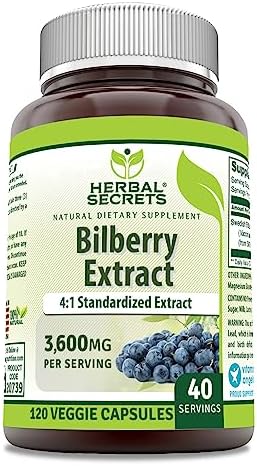 Herbal Secrets Bilberry Extract 3600 mg Per Serving (Порция) | 4:1 Extract | Veggie Capsules (Капсулы на растительной основе) Supplement | Non-GMO | Gluten Free (120) Herbal Secrets