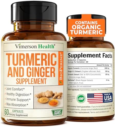 Turmeric Supplement and Ginger Root Joint Support Supplement - Turmeric Curcumin Supplement 95% Curcuminoids. Contains Organic Turmeric with Black Pepper (Bioperine) for Max Absorption. 60 Capsules (Капсулы) Vimerson Health