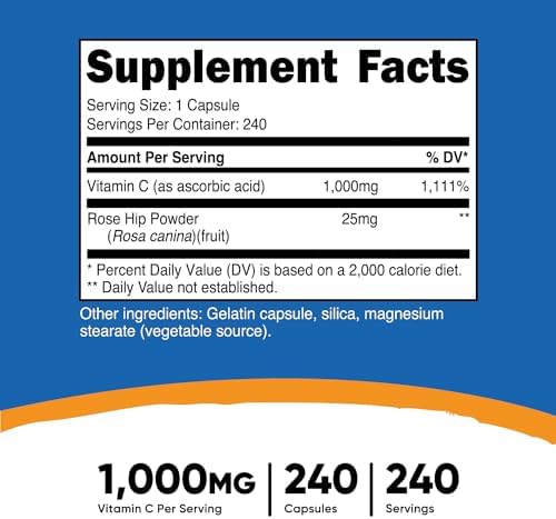 Nutricost Vitamin C with Rose HIPS 1025mg, 240 Capsules - Vitamin C 1,000mg, Rose HIPS 25mg, Premium, Non-GMO, Gluten Free Supplement Nutricost