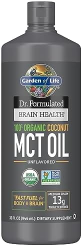 Garden of Life Dr. Formulated Brain Health 100% Organic Coconut MCT Oil 32 fl oz (Жидкие унции) Unflavored (Без вкуса), 13g MCTs, Keto & Paleo Diet Friendly Body & Brain Fuel, Certified Non-GMO Vegan & Gluten Free, Hexane-Free Garden of Life