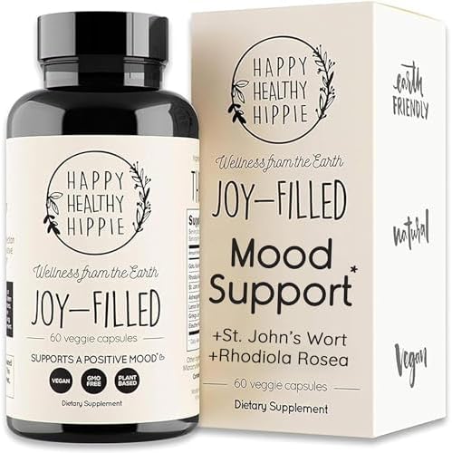 Joy-Filled Mood Support Supplement with St. Johns Wort | Stress Relief Supplement - Helps Calm The Mind & Body | 100% Plant-Based, Ashwagandha, Rhodiola Rosea, Eleuthero | Herbal, 60 ct Happy Healthy Hippie