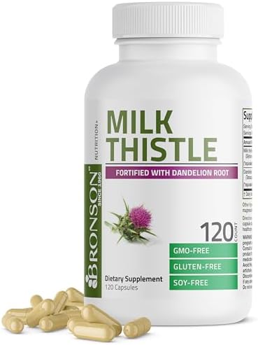 Bronson Milk Thistle Silymarin Marianum & Dandelion Root Liver Health Support, Antioxidant Support, Detox, 120 Capsules Bronson