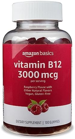 Amazon Basics Vitamin B12 3000 mcg Gummies, Normal Energy Production and Metabolism, Immune System Support, Raspberry, 100 Count (2 per serving) (Previously Solimo) Amazon Basics