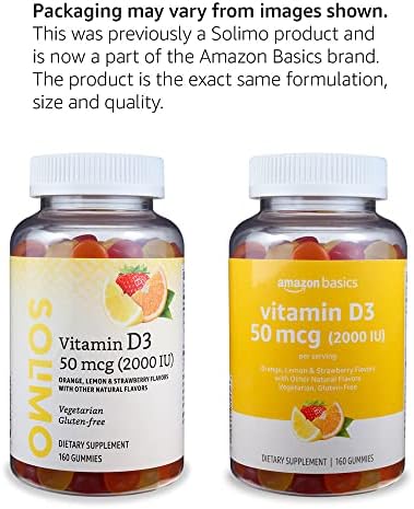 Amazon Basics Vitamin D3 2000 IU Gummies, Orange, Lemon & Strawberry, 160 Count (2 per Serving) (Previously Solimo) Amazon Basics