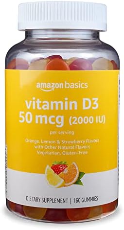 Amazon Basics Vitamin D3 2000 IU Gummies, Orange, Lemon & Strawberry, 160 Count (2 per Serving) (Previously Solimo) Amazon Basics