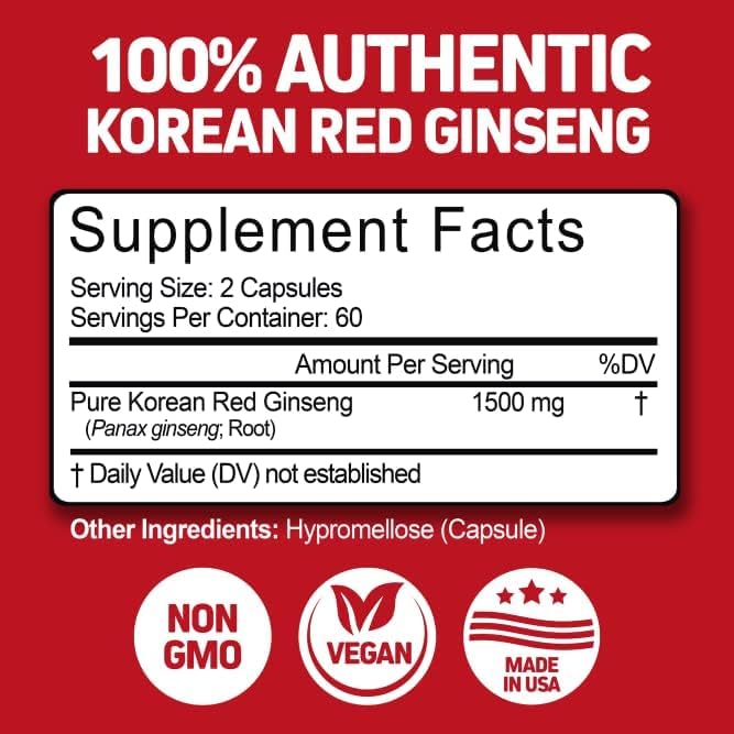 Herbtonics Korean Red Panax Ginseng 1500mg - High Potency Ginseng for Energy, Performance & Immune Support for Men & Women - Ginseng Root Extract Powder (Порошок) Supplement for Focus and Vitality -120 Capsules (Капсулы) Herbtonics