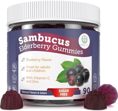 Sugar-Free Elderberry Gummies (Жевательные конфеты) with Vitamin C & Zinc for Adults and Kids, Elderberry Immune Support Supplement Gummies for Respiratory Health, Sambucus Elderberry Antioxidant Gummies - Vegan, 90 Count Purify Life