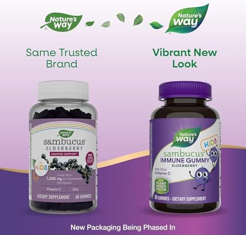 Nature's Way Sambucus Elderberry Immune Gummies (Жевательные конфеты) for Kids, Immune Support Gummies*, with Black Elderberry Extract, Vitamin C and Zinc, 60 Gummies (Packaging May Vary) Nature's Way