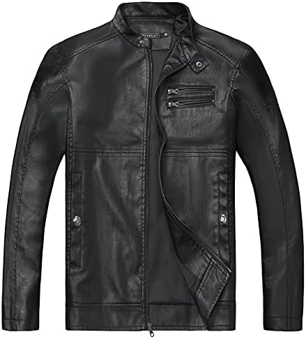 WULFUL Men's Stand Collar Leather Jacket Motorcycle Lightweight Faux Leather Outwear Wulful