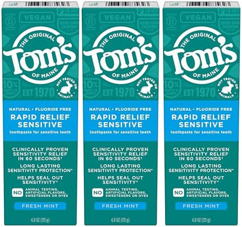 Tom's of Maine Fluoride-Free Rapid Relief Sensitive Toothpaste, Fresh Mint, 4 oz. 3-Pack (Packaging May Vary) Tom's of Maine