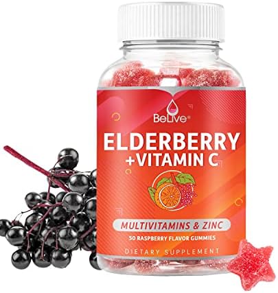 BeLive Elderberry Gummies (Жевательные конфеты) with Zinc and Vitamin C - Immune Support Supplement with Vitamin D, A, E, B12 - Gummies for Healthy Bones & Teeth, Vegan, Keto & Non-GMO - Raspberry Flavor | 2-Pack BeLive