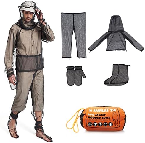 HOMEYA Bug Jacket S/M, Anti Mosquito Netting Suit with Zipper on Hood Ultra-fine Mesh Pants Mitt Socks with Free Carry Pouch for Protecting Hunting Fishing Men Women HOMEYA