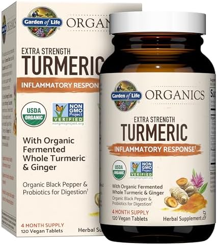 Garden of Life Organics Extra Strength Turmeric Inflammatory Response 120 Tablets-100Mg Curcumin (95% Curcuminoids) Black Pepper, Probiotics, Organic Non-GMO Vegan Gluten Free Herbal Supplement Garden of Life