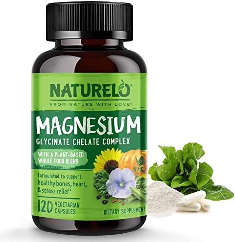 NATURELO Magnesium Glycinate Chelate Complex - 200 mg Magnesium with Organic Vegetables to Support Sleep, Calm, Muscle Cramp & Stress Relief – Gluten Free, Non GMO - 120 Capsules (Капсулы) NATURELO