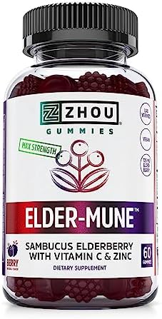 Zhou Nutrition Elder-Mune Sambucus Elderberry Gummies (Жевательные конфеты) with Zinc and Vitamin C for Kids & Adults (Age 4+) Immune Support with Antioxidants, Vegan, Gluten Free, Non-GMO, 30 Servings (Порции), 60 Gummies Zhou