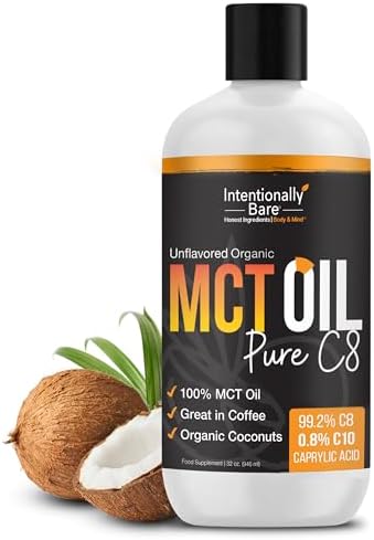 Intentionally Bare Pure C8 MCT Oil Organic - Brain Octane C8 MCT Oil for Keto Paleo & Vegan Diet - Unflavored (Без вкуса) MCT Oil C8 for Bulletproof Coffee Shakes & Salads - 100% Pure MCT Oil 32 oz (Унции) Intentionally Bare