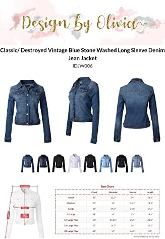 Design by Olivia Women's Classic/Destroyed Vintage Washed Long Sleeve Denim Jean Jacket Design by Olivia