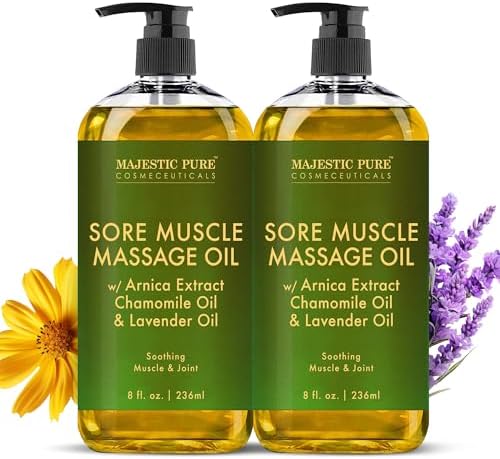 MAJESTIC PURE Arnica Sore Muscle Massage Oil for Massage Therapy - Natural Oil with Lavender and Chamomile Essential Oils - Multipurpose Instant Absorption Full Body Massage Oil - 8 Fl Oz (Pack of 2) Majestic Pure