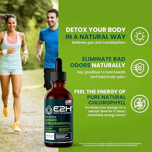 E2H Chlorophyll Liquid Drops (Жидкие капли) - Energy Booster, Digestion, Immune System Support and Internal Deodorant - Vegan - Gluten Free - Non-GMO - (2 Bottles) E2H EARTH TO HUMANS