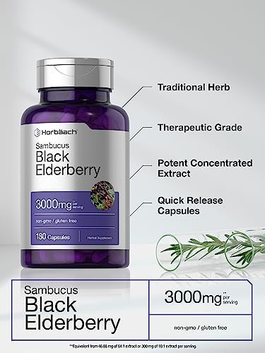 Horbäach Black Elderberry | 3000mg Capsules | 180 Count | Non-GMO, Gluten Free | Sambucus Extract Supplement Horbäach