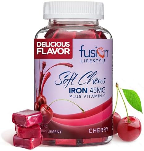 Chewable Iron Supplement for Women & Men - Cherry Flavor, Iron Vitamin C Soft Chew for Max Absorption, Iron as Ferrous Fumarate, Ideal for Anemia and Iron Deficiency, 2 Month Supply Fusion Lifestyle