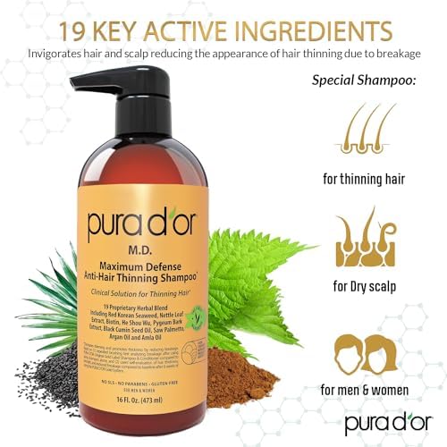 PURA D'OR MD Anti-Thinning Biotin Shampoo & Conditioner Set (16oz x2) Maximum Defense Coal-Tar Strong Scented DHT Blocker Hair Thickening Products For Women & Men, Daily Shampoo For Scalp Health PURA D'OR