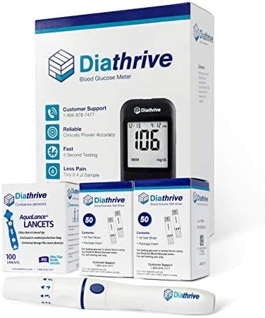 Reliable Diathrive Blood Sugar Test Kit & Blood Glucose Monitoring System – 4 Second Results! Glucometer/Glucose Meter Kit W/ 100 Glucose Test Strips – Lancing Device – 100 Lancets for Blood Testing Diathrive