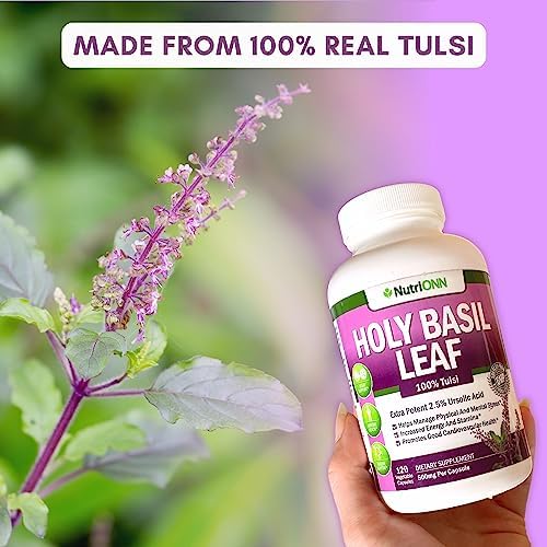 Holy Basil Leaf Capsules - 500mg - 2.5% Ursolic Acid - 120 Vegan Capsules - Real Tulsi Extract Supplement - Positive Mindset - Adaptogenic & Ayurvedic Herb NutriONN